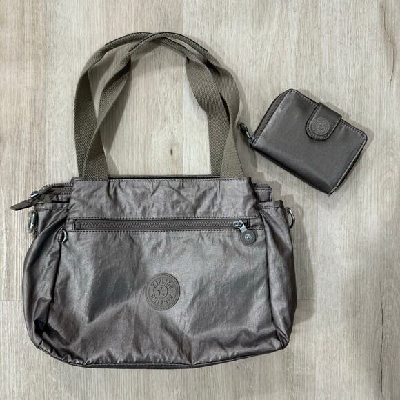 Kipling Elysia Metallic Shoulder Bag and New Money Card Wallet Metallic Grey - Picture 1 of 11